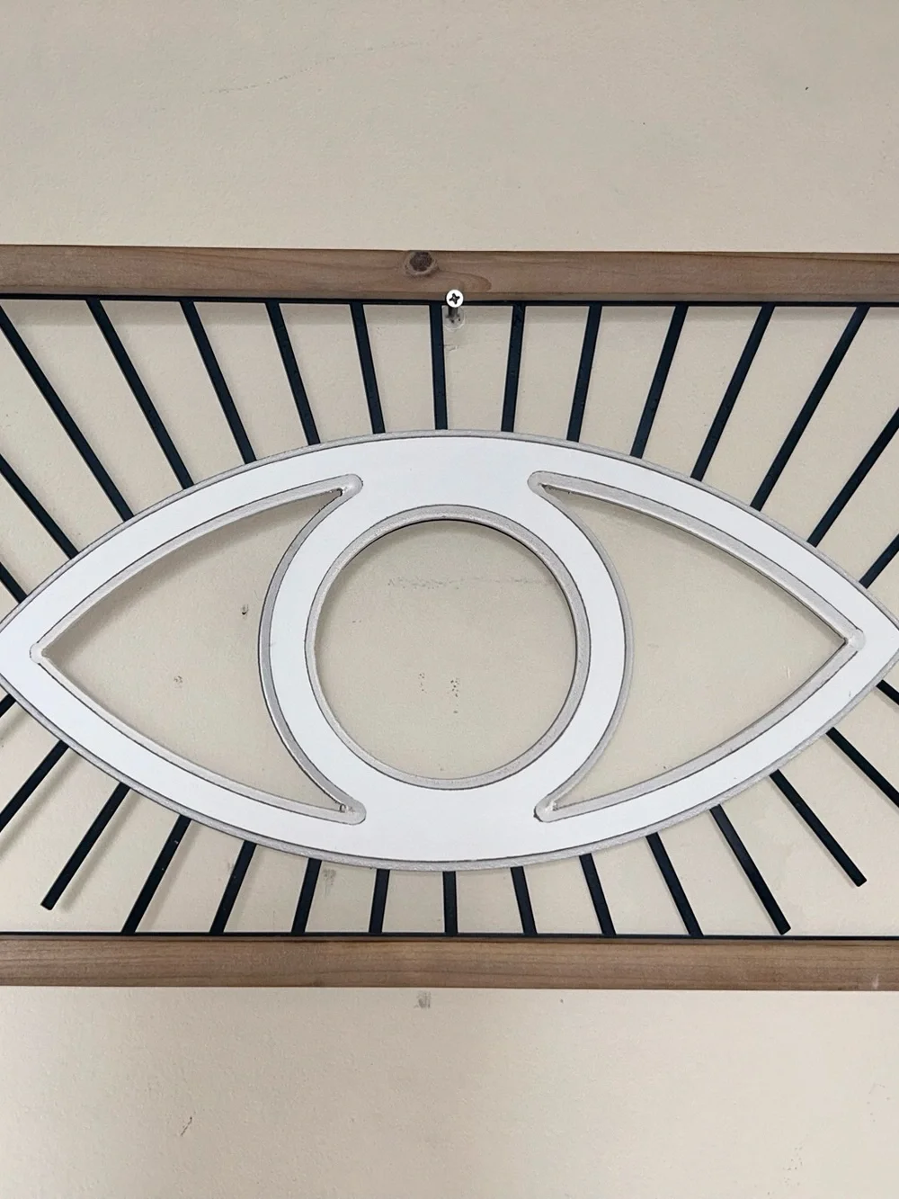 Custom made White Eye Wall Decor with Black Accents and Natural Wood Frame